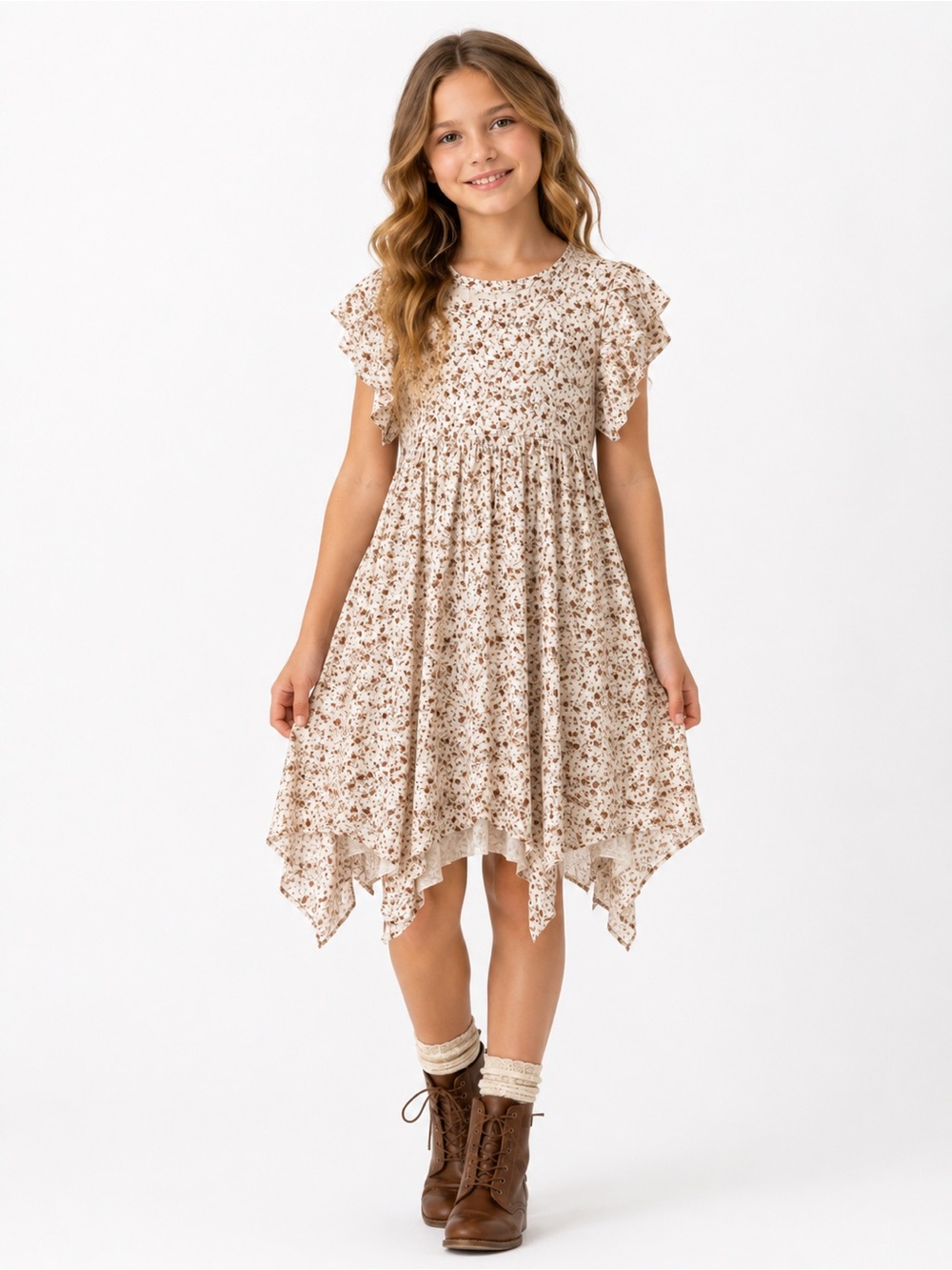 Mia Joy Girls Floral Handkerchief Hem Dress - Cream Brown